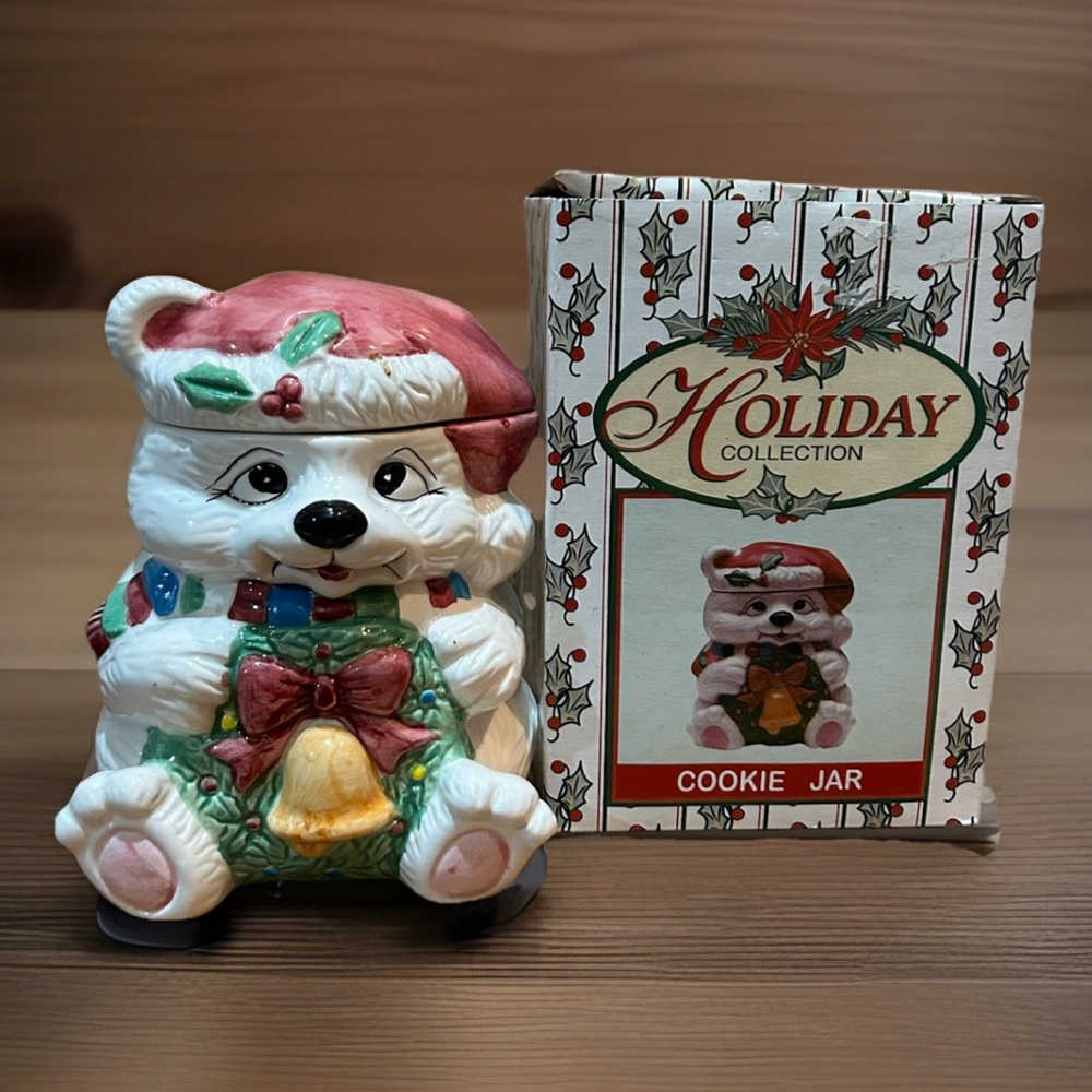 Holiday Christmas Cookie Jar White Teddy Bear Ceramic Kitchen Decor 7” W/box